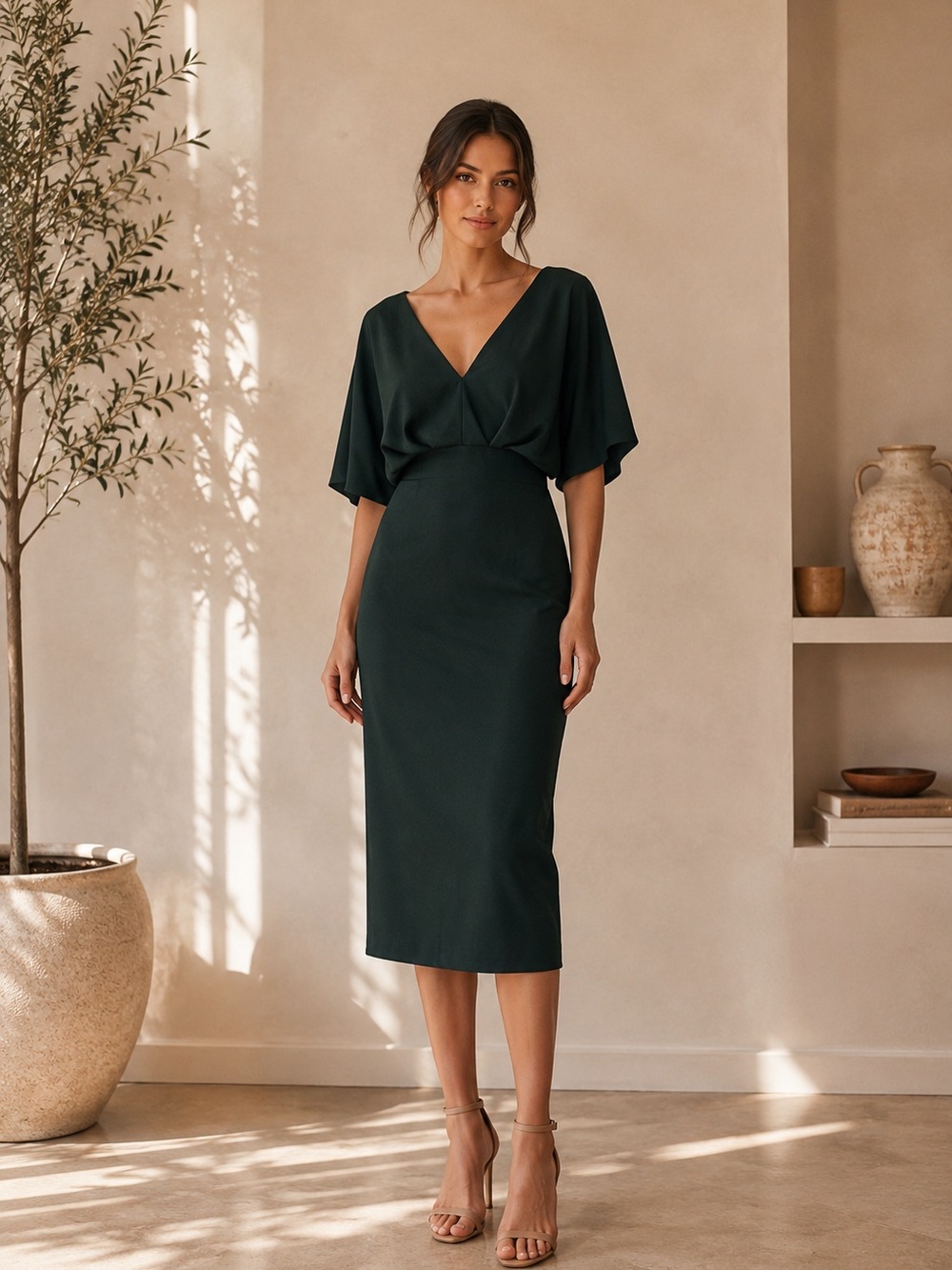 Banana Republic Dark Green V-Neck Midi Dress